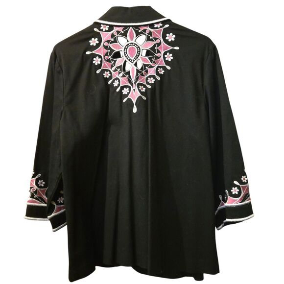 Bob Mackie Wearable Art Jacket Size L Black & Pink Embroidered Stretch Cut Outs - Picture 2 of 11